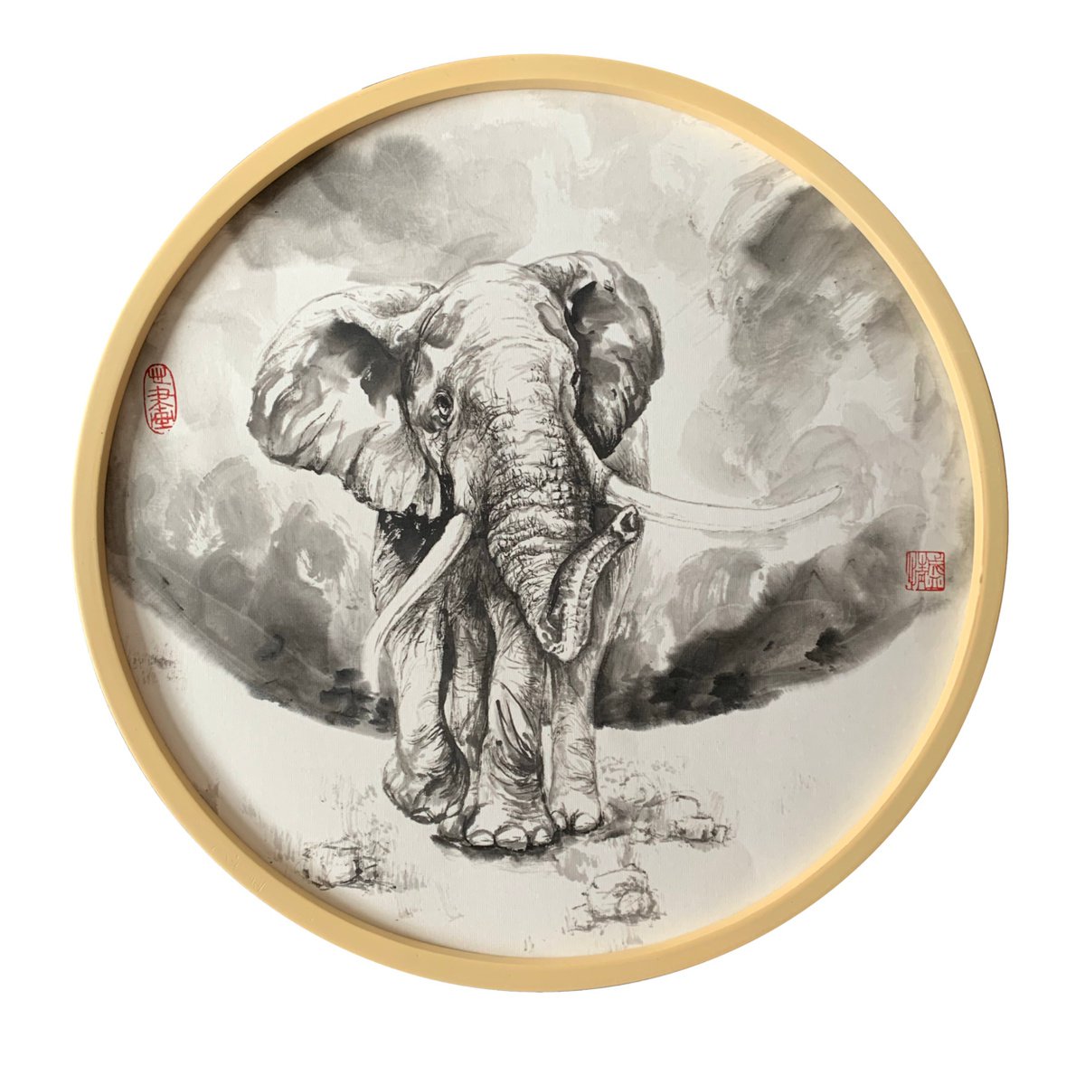 Elephant Ink Brush Painting, Original Artwork, Framed by Fiona Sheng