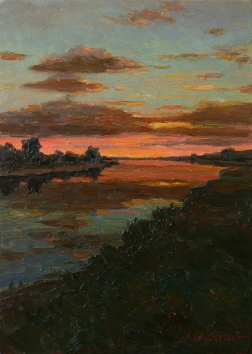 Sunset over the river - sunset painting by Nikolay Dmitriev