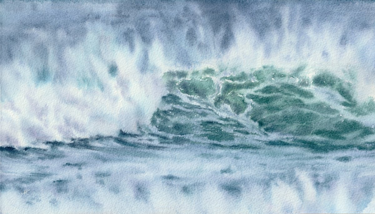 Impressionistic Landscape Watercolour By Kateryna Nazarenko, 14 X 8", Coastal Wave, Original Artwork