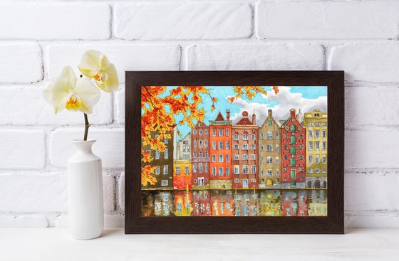 Cityscape with houses of Amsterdam. Autumn city.