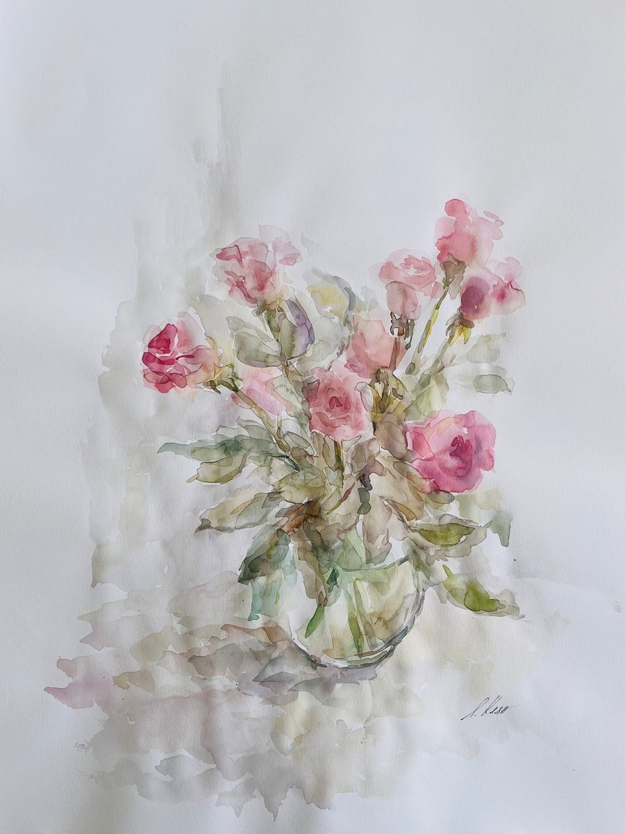 Impressionistic Botanical Watercolour By Elena Klyan, 20 X 26, Roses #3 50X65 Cm 2025, Original Artwork