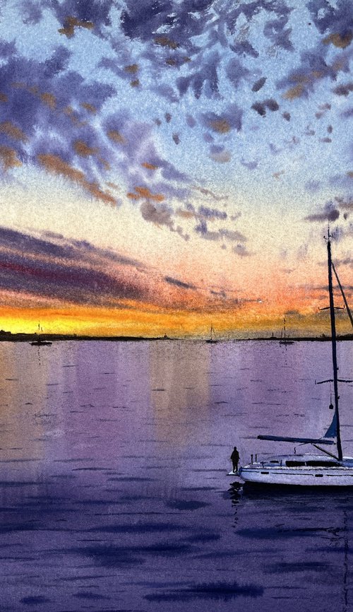 Sunset Seascape Watercolor Art. by Erkin Yılmaz