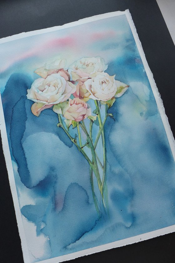 Watercolor roses on blue-green background