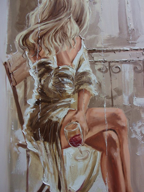 " RED WINE ... "-   liGHt  ORIGINAL OIL PAINTING, GIFT, PALETTE KNIFE nude WINDOW