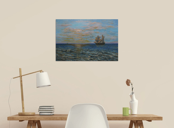 Original Oil Painting Italian Seascape under the Setting Sun Seaside Harbour  with a Wooden Ship Blue Waves Shoreline Fineart