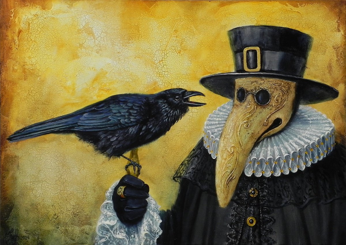 Illustrative Portrait Oil Painting By Yurii Novikov, 28 X 20", "Doctor And Crow", Original Artwork