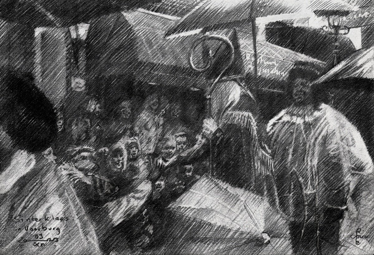 Impressionistic Portrait Pencil Drawing By Corne Akkers, 8 X 6, Sinterklaas In Voorburg - 03-12-23, Original Artwork