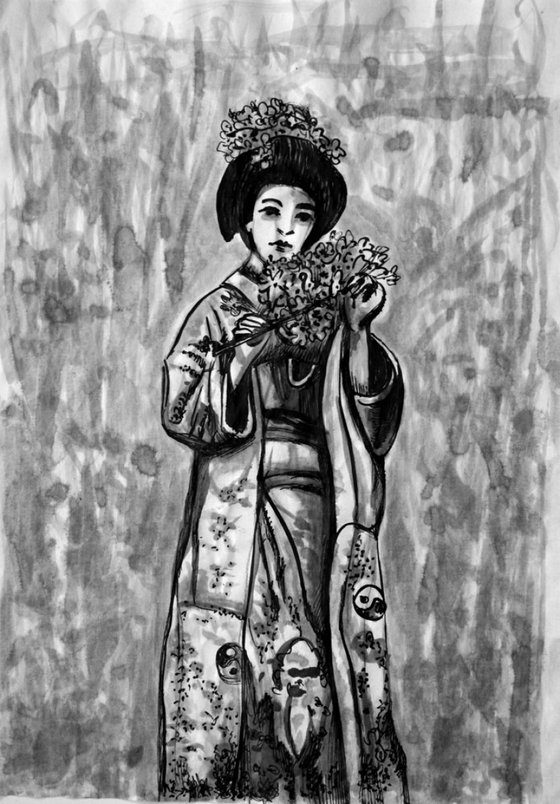 Japanese Geisha with Flowers