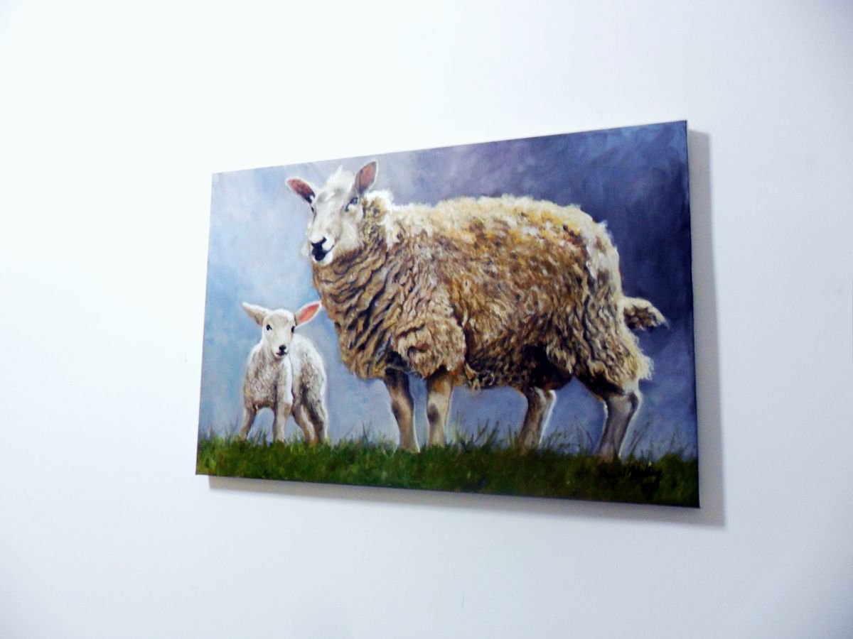 * antique sheep ❀ クリスマスの羊さん (水色リボンと鈴♪) A Lamb with its Mother Sheep Oil painting: Arion Majid