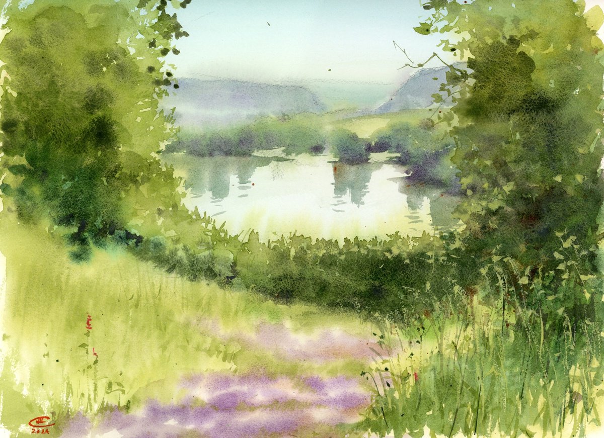 Impressionistic Landscape Watercolour By Tatyana Tokareva, 15 X 11", Vue Sur La Loire Le Matin, Original Artwork