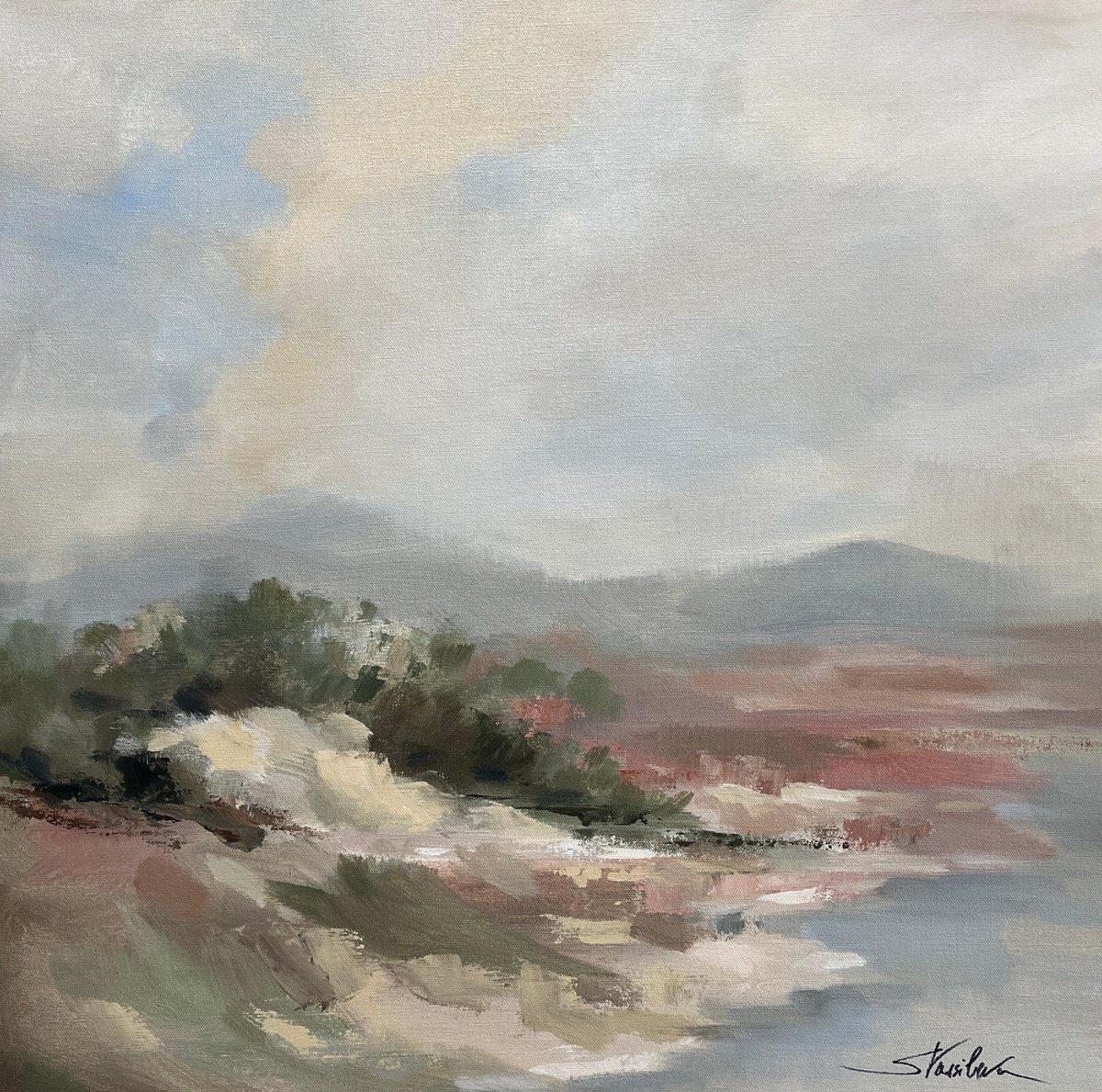 Impressionistic Landscape Acrylic Painting By Silvia Vassileva, 26 X 26", Clouds Wisper, Original Artwork