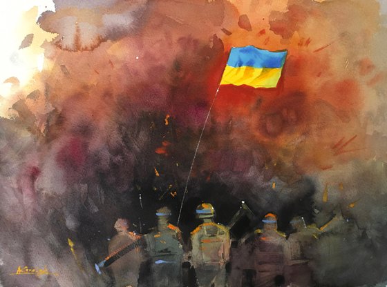 Together we will win in Ukraine! Original watercolor painting by Ukrainian artist