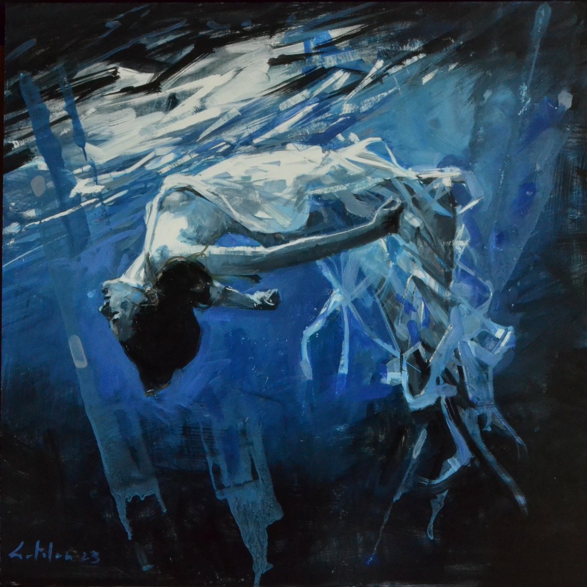 Impressionistic Landscape Oil Painting By Marco Ortolan, 17 X 17", Dancing Underwater, Original Artwork
