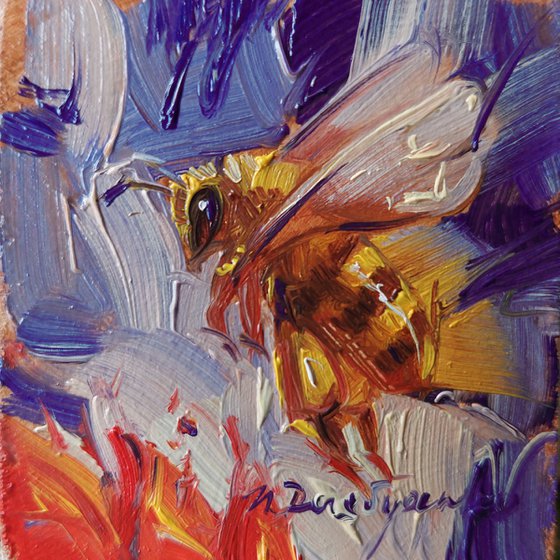 Bee art framed oil painting original 2x2, Mini Bee painting oil purple, Honey bee wall art decor miniature