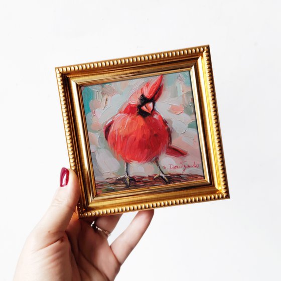 Cardinal red bird oil painting original 4x4 framed artwork, Bird small frame art wall decor hanging mini oil painting, Cute little painting