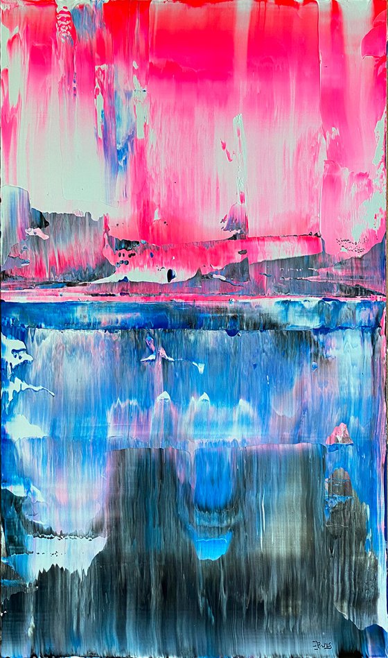 "From The Ice Age To The Pink Age" - FREE USA SHIPPING - Original PMS Abstract Acrylic Painting On Reclaimed Wood Panel - 14" x 24"