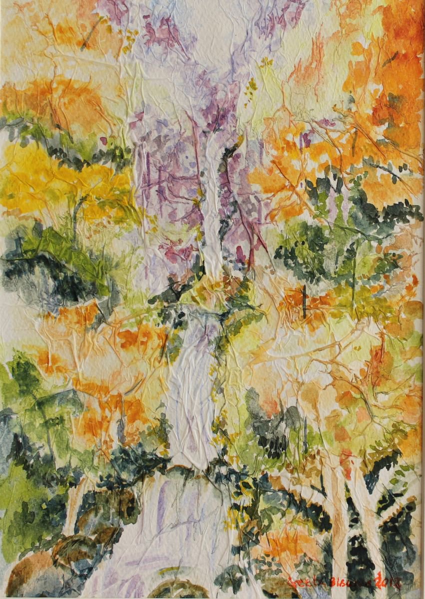 Waterfalls in Autumn, mixed media, gift , small painting by Geeta Yerra