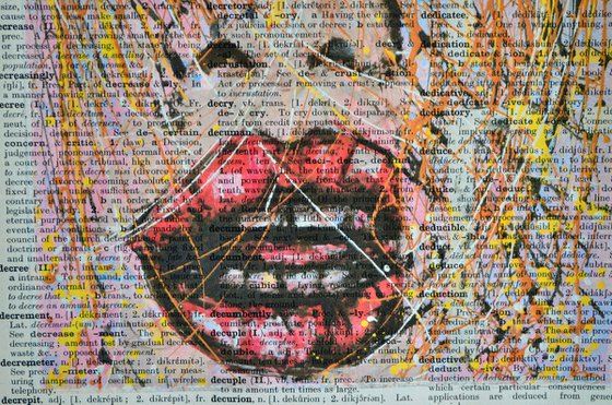 Painting Head - Collage Art on Large Real English Dictionary Vintage Book Page
