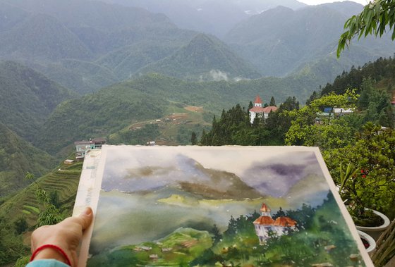 Watercolor landscape. Mountain village. Sapa. Vietnam