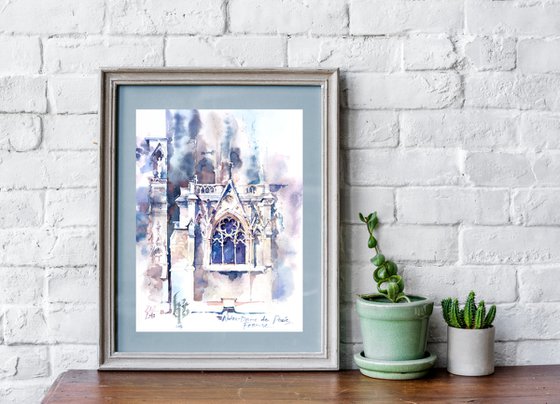 "Gothic window of the cathedral of notre dame in Paris, France"  architectural landscape - Original watercolor painting