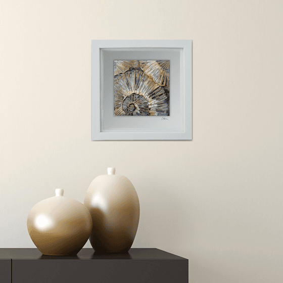 Ammonites (minimalism - ammonites textured painting in black, white and gold #2 ) Framed, ready to hang