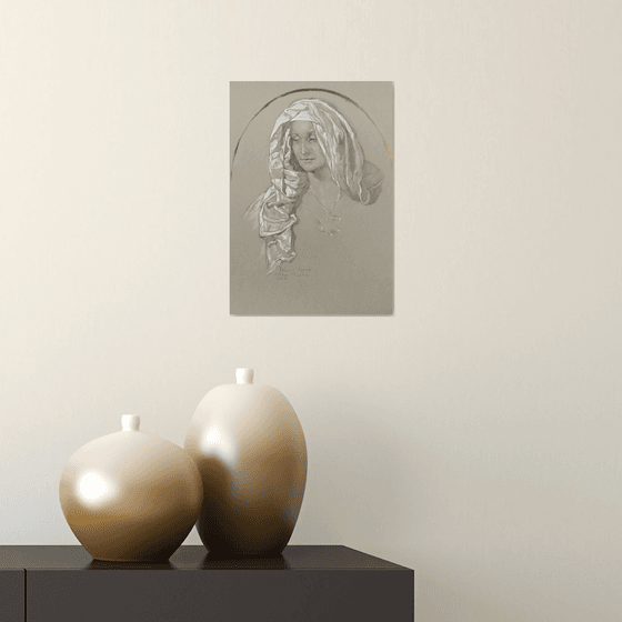 Woman portrait Tribute to Mucha / Realistic Pencil Portrait / Goddes /Mary /Virgin / Holy /Gold Black White / Star of David /Magen David / Jewish star/Gift idea