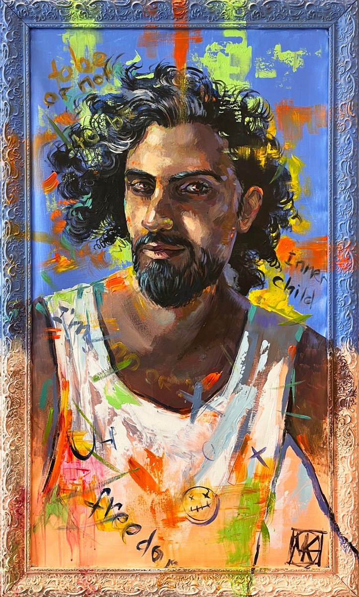 Expressive Portrait Acrylic Painting By Maria Kireev, 30 X 50", Watcher In The Chaos, Original Artwork