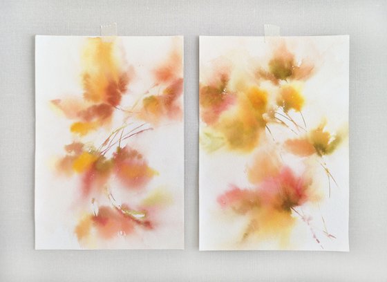 Yellow abstract flowers watercolor painting set of 2