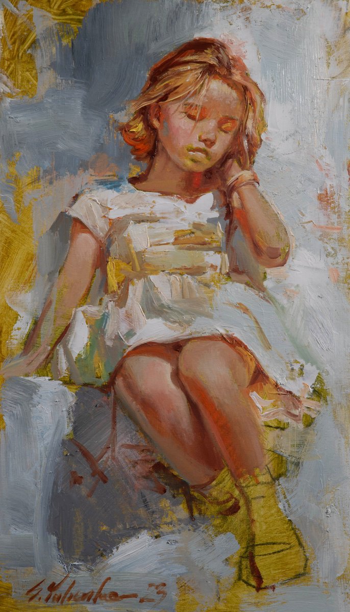 Expressive Portrait Oil Painting By Sergei Yatsenko, 12 X 21", Quiet Sleep, Original Artwork