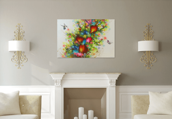 Flowers and Hummingbirds, Large Painting