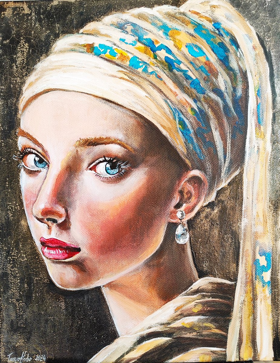 Photorealistic Portrait Acrylic Painting By Tatajana Obuhova, 16 X 20", Girl With An Earring., Original Artwork