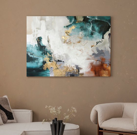 "Teal Flash" Teal gold acrylic abstract art