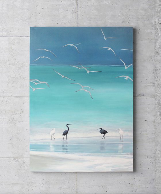 "Cattle Egret" Turquoise seascape oil art