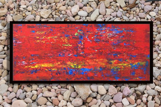 Red salmon river, spatula rough surface, 50x100 cm, warm volor, framed