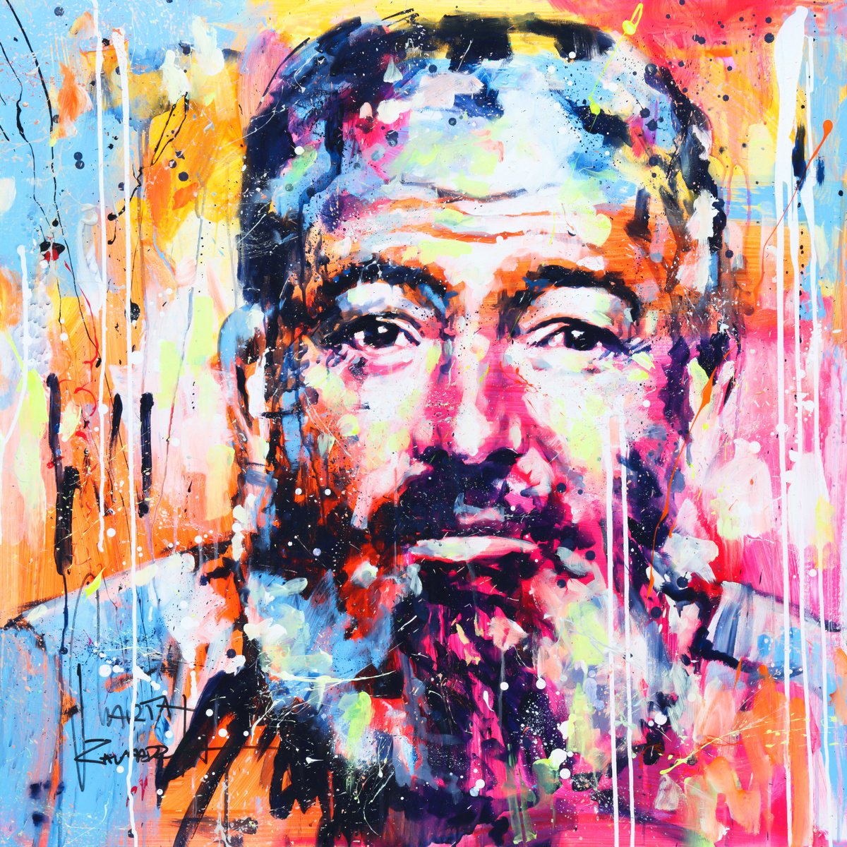 Impressionistic Portrait Acrylic Painting By Marta Zawadzka, 35 X 35", Ernest Hemingway, Original Artwork