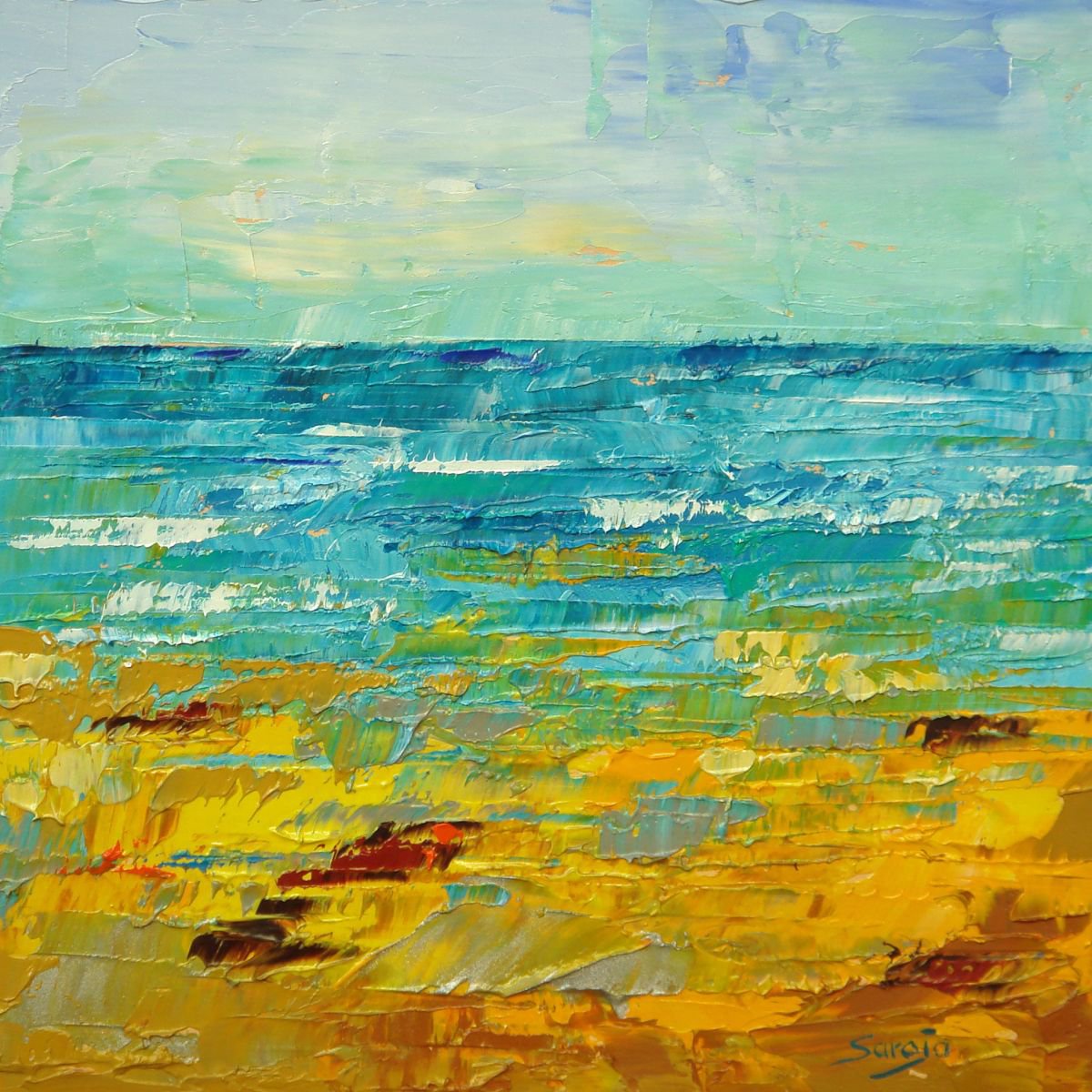 Abstract Landscape Oil Painting By Saroja Van Der Stegen, 9 X 9", Yellow Beach (Ref#:1202-19Q), Original Artwork