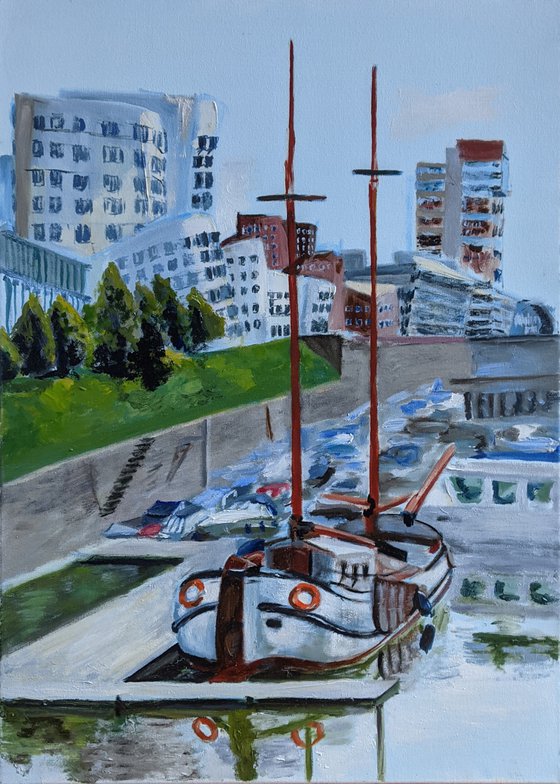 Marina Düsseldorf, Germany, Voorwaarts ship, View of famous Gehry buildings oil painting