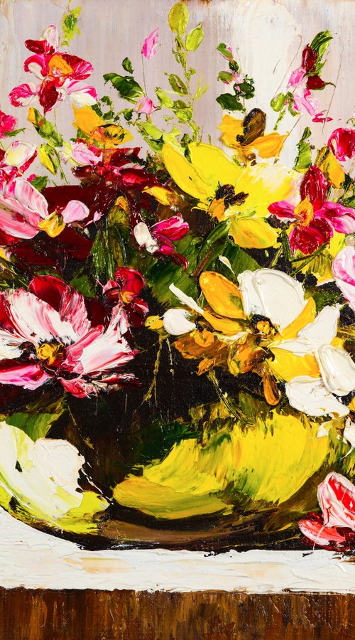SUMMER BOUQUET OF YELLOW FLOWERS - Bright still life. Meadow flowers. Freshness. Beautiful bouquet. Shades of yellow. Fragrant. Vase. by Marina Skromova