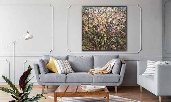 BLOOMING CHERRY - Floral art, large original painting oil on canvas, landscape, plant tree flower sky spring, flowering bush, interior art home decor