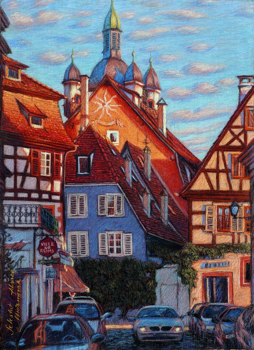 Impressionistic Cityscapes Pastel Drawing By Richard Mierniczak, 19 X 26", Old City - Schlettstadt 3., Original Artwork
