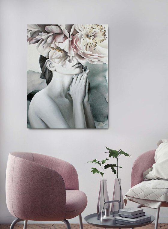 "Spring mood" Girl and flowers peony art
