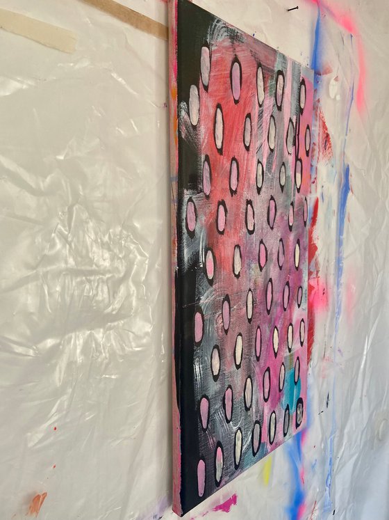 DAILY DOSE- a vertical painting, pink, black and white, circles, modern