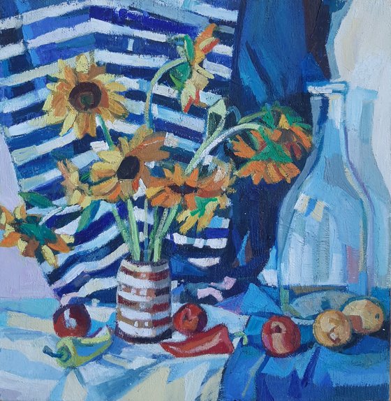 Sunflowers with drapery