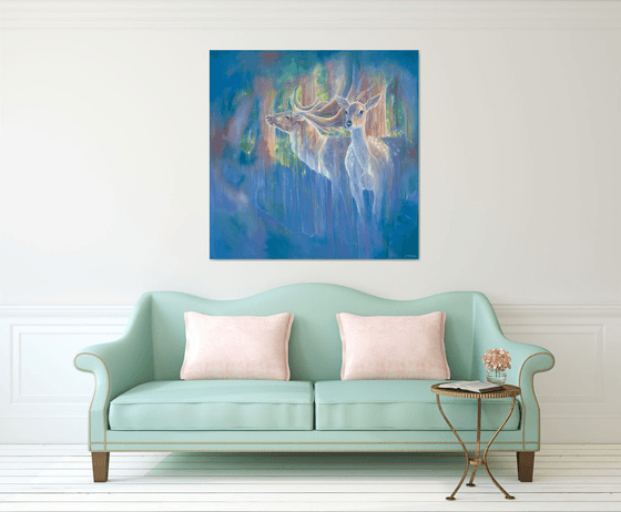 Divine Monarchs in Blue, large semi-abstract deer painting