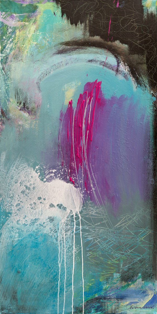 Expressive Abstract Acrylic Painting By Uwe Fehrmann, 24 X 47", Sunrise, Original Artwork