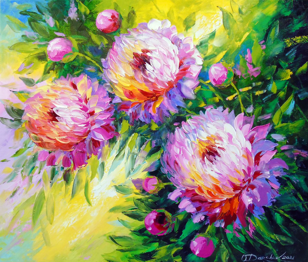 Impressionistic Botanical Oil Painting By Olha Darchuk, 28 X 24", Peonies In The Sunbeam, Original Artwork
