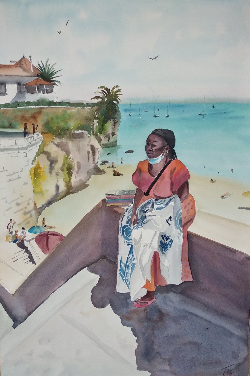 Impressionistic Portrait Watercolour By Ana Tyulpanova, 15 X 22, Scarfs Seller In Cascais, Original Artwork