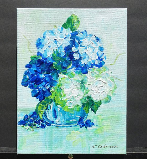 White and Blue Hydrangea Small Painting on Canvas. Modern Impressionism Contemporary Art