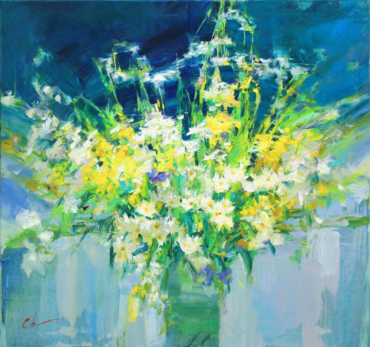 Impressionistic Landscape Oil Painting By Serhii Cherniakovskyi, 31 X 30", Bouquet Of Wild Flowers, Original Artwork