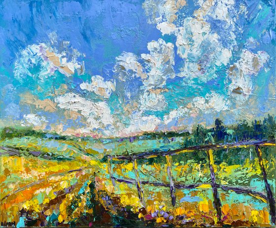 Fields - Yellow mood, 50*60 cm, impasto impressionistic landscape oil painting in yellow and blue colours